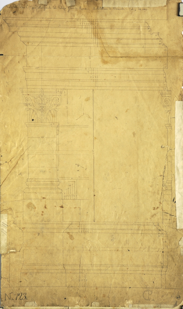Parti dell'Ordine 1° (1° piano) della facciata del Palazzo Giraud in Roma. Architettura di Bramante, Dettagli costruttivi della facciata di palazzo Giraud: prospetto e profilo quotato dello stilobate, della lesena e della trabeazione del primo piano (disegno architettonico) di Promis Carlo (secondo quarto sec. XIX)