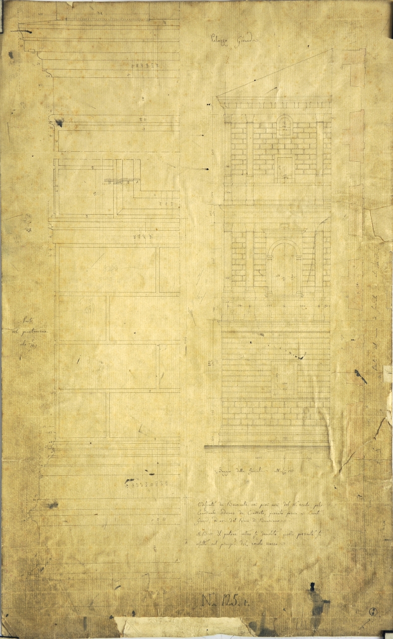 Palazzo Giraud in Roma, Facciata di palazzo Giraud: prospetto quotato della parte d'angolo; prospetto quotato della parte d'angolo e pianta quotata del setto del piano terreno; pianta quotata del setto del piano primo (disegno architettonico) di Promis Carlo (secondo quarto sec. XIX)