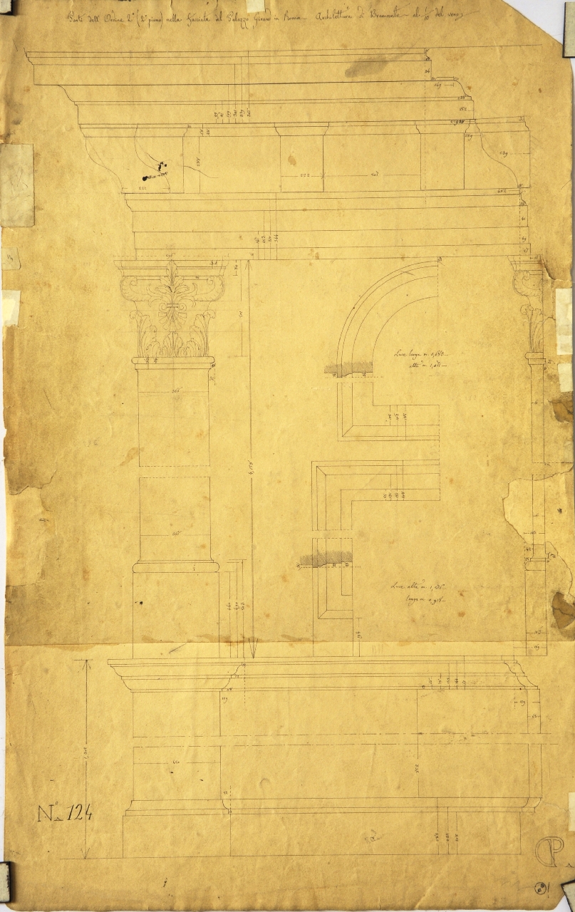 Parti dell'Ordine 2° (2° piano) nella facciata del Palazzo Giraud in Roma. Architettura di Bramante, Dettagli costruttivi della facciata di palazzo Giraud: prospetto e profilo quotati dello stilobate, della lesena del cornicione e delle cornici delle finestre del secondo piano (disegno architettonico) di Promis Carlo (secondo quarto sec. XIX)