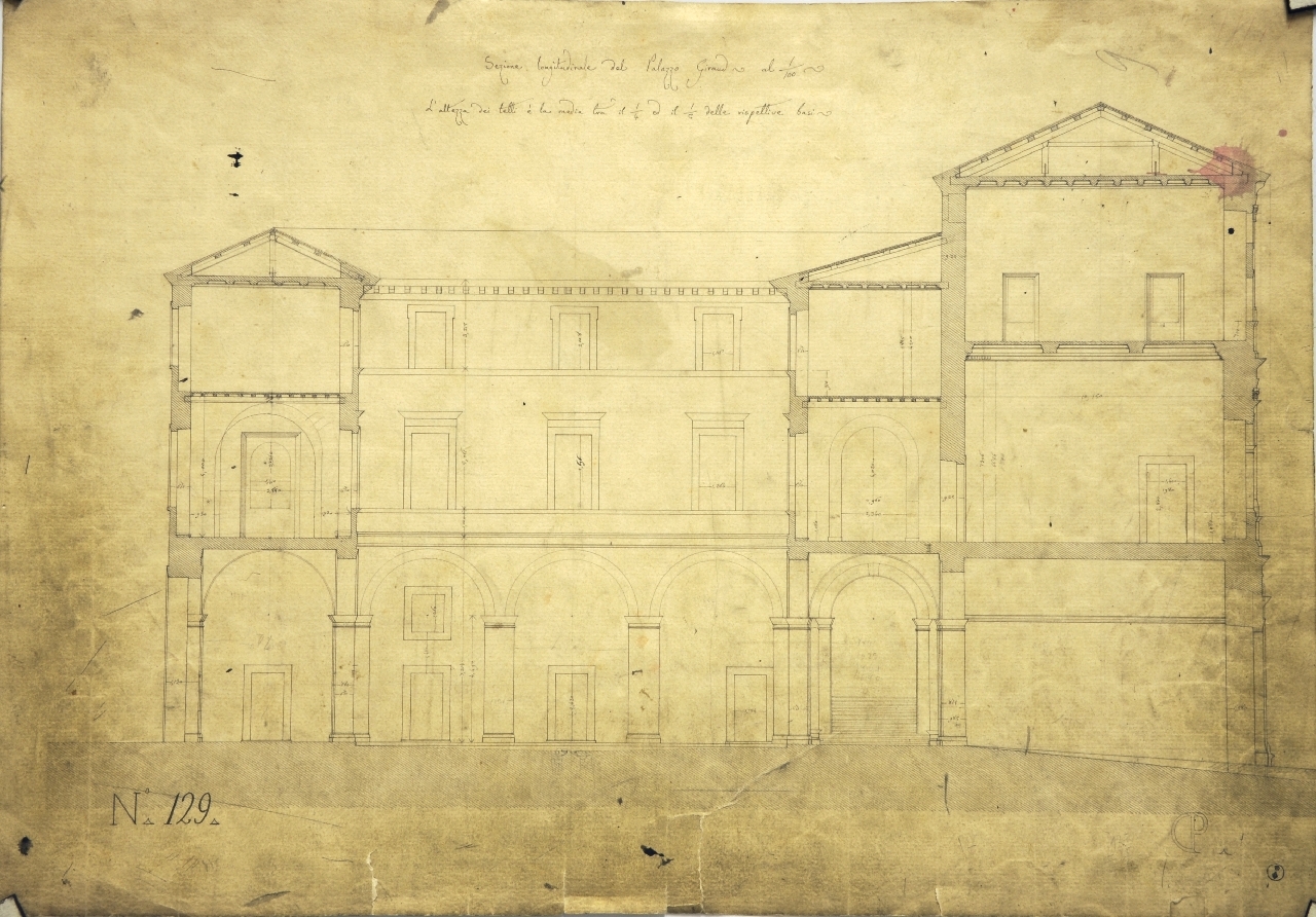 Sezione longitudinale del Palazzo Giraud, Palazzo Giraud: sezione longitudinale quotata (disegno architettonico) di Promis Carlo (secondo quarto sec. XIX)