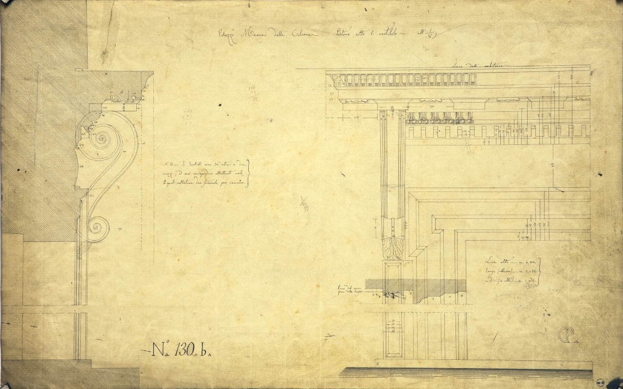Palazzo Massimi delle Colonne. Portone sotto il vestibolo, Dettagli costruttivi della facciata del palazzo di Pietro Massimi: profilo e prospetto quotati di parte del portone sotto il portico del piano terreno (disegno architettonico) di Promis Carlo (secondo quarto sec. XIX)