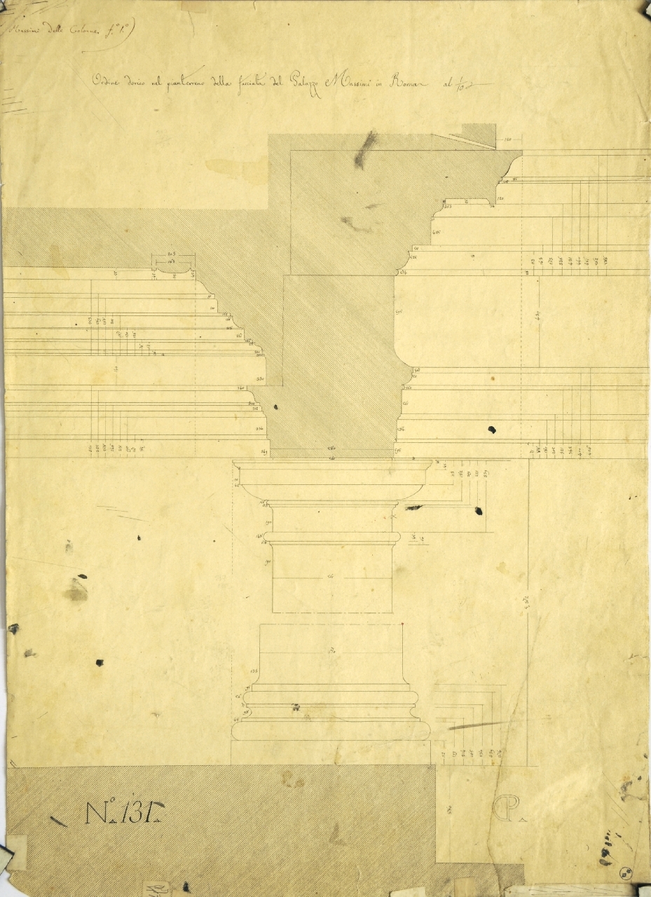 Ordine dorico del pianterreno della facciata del Palazzo Massimi in Roma, Dettagli costruttivi della facciata del palazzo di Pietro Massimi: prospetto quotato di parte delle colonne e della trabeazione del piano terreno e profili interno ed esterno quotati della stessa (disegno architettonico) di Promis Carlo (secondo quarto sec. XIX)