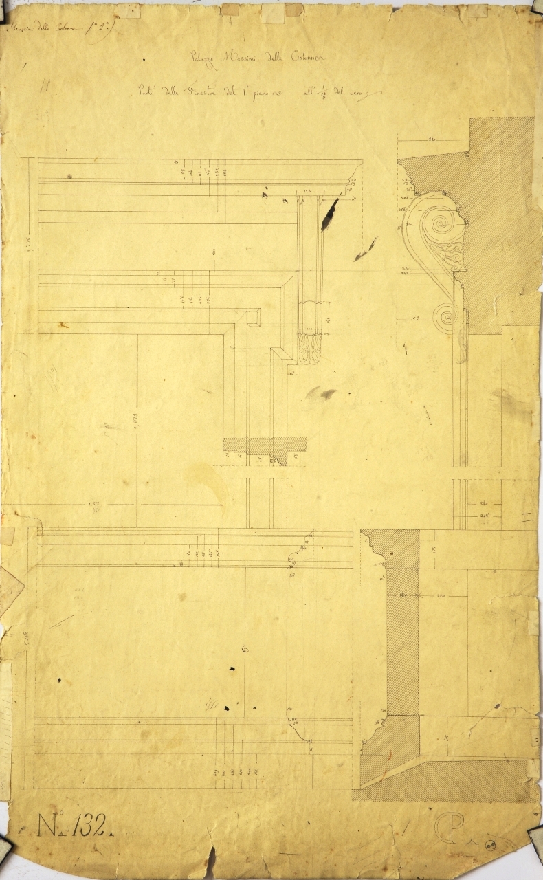 Palazzo Massimi delle Colonne. Parti delle Finestre del primo piano, Dettagli costruttivi della facciata del palazzo di Pietro Massimi: prospetto e sezione longitudinale quotata di parte delle fineste del primo piano (disegno architettonico) di Promis Carlo (secondo quarto sec. XIX)