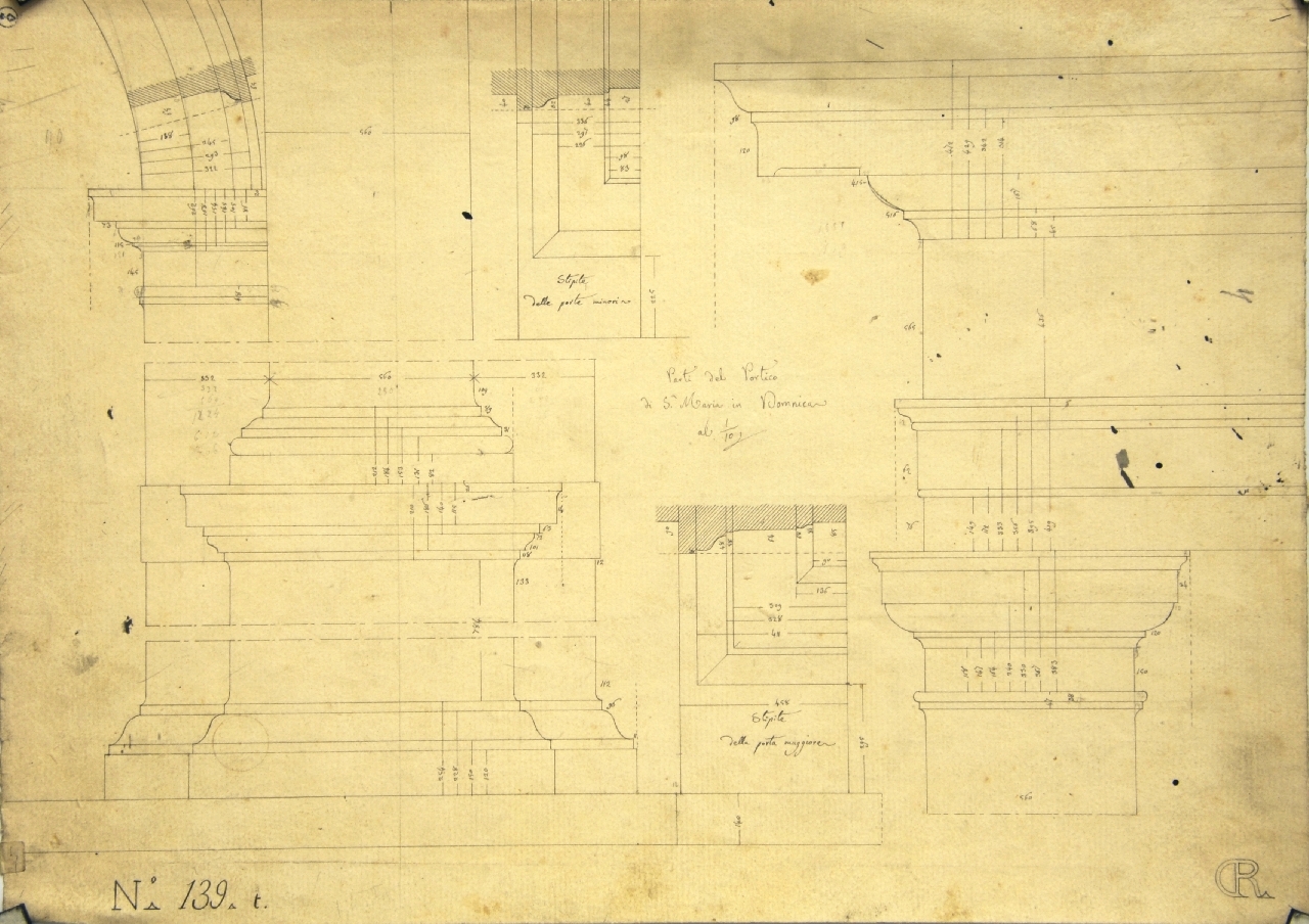 Parti del Portico di S. Maria in Domnica, Dettagli costruttivi del portico della chiesa di S. Maria in Domnica: prosp. quotati dell'archivolto, dell'imposta, e della base dei pilastri di sostegno, di parte delle cornici delle porte minori e della principale, della trabeazione e del capitello (disegno architettonico) di Promis Carlo (metà sec. XIX)