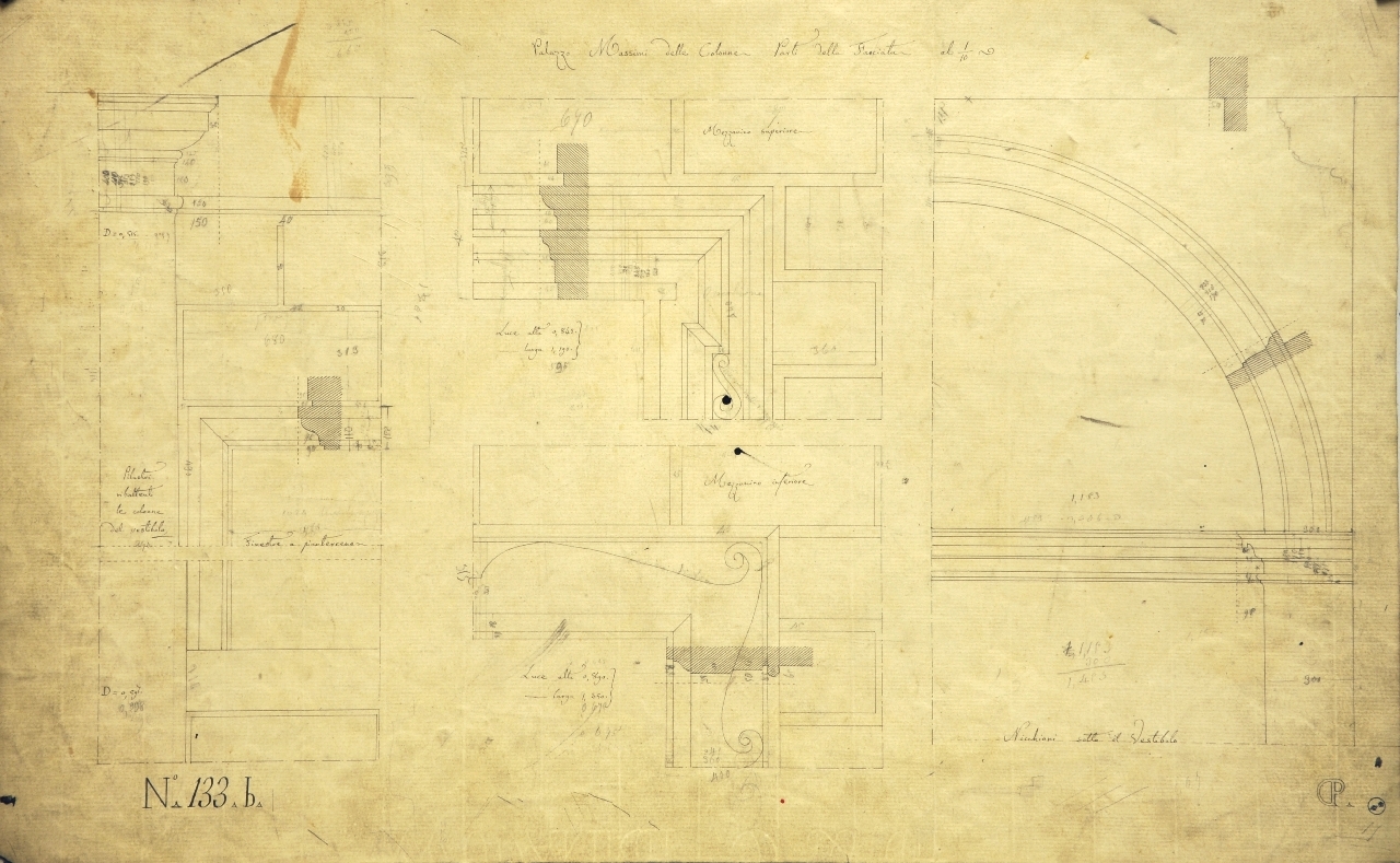 Palazzo Massimi delle Colonne. Parti della Facciata, Dettagli costruttivi della facciata del palazzo di Pietro Massimi: prosp. quotati di parte delle finestre, del pilastro e delle nicchie sotto il portico del p. terreno; prosp. quotati di parte delle finestre dei piani ammezzati inferiore e superi (disegno architettonico) di Promis Carlo (secondo quarto sec. XIX)