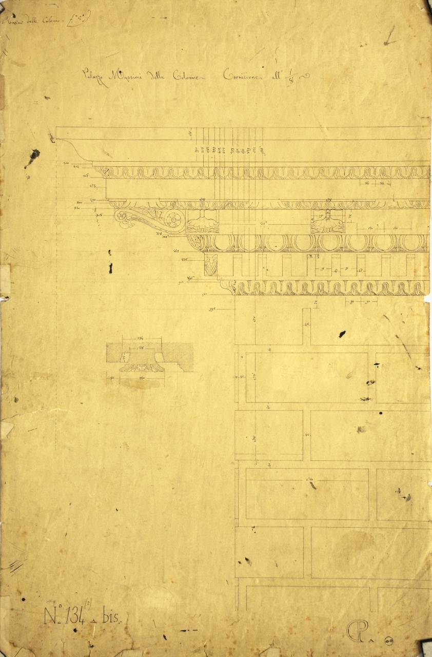 Palazzo Massimi delle Colonne. Cornicione, Dettagli costruttivi della facciata del palazzo di Pietro Massimi: prosp. quotato di parte di parte d'angolo del cornicione, sezione quotata dell'elemento decorativo posto tra le mensole di sostegno (disegno architettonico) di Promis Carlo (secondo quarto sec. XIX)