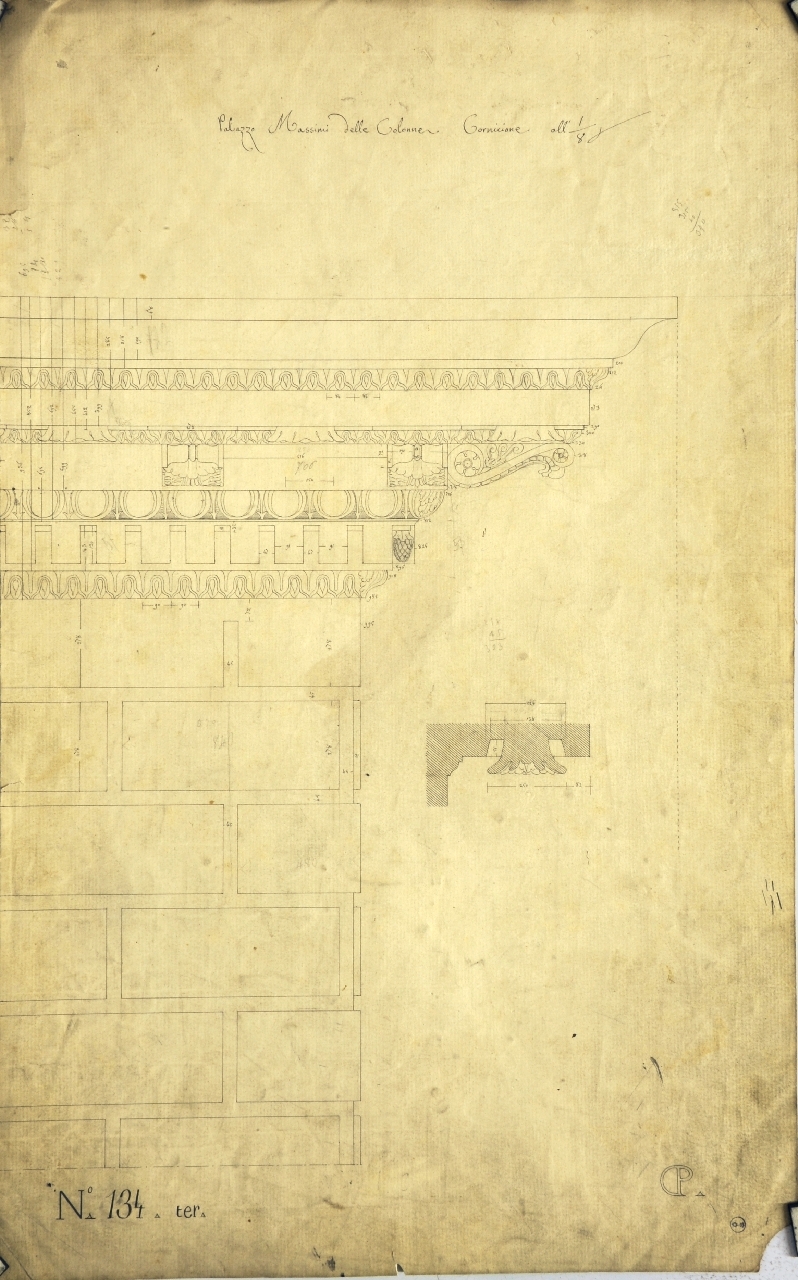 Palazzo Massimi delle Colonne. Cornicione, Dettagli costruttivi della facciata del palazzo di Pietro Massimi prosp. quotato di parte di parte d'angolo del cornicione, sezione quotata dell'elemento decorativo posto tra le mensole di sostegno (disegno architettonico) di Promis Carlo (secondo quarto sec. XIX)