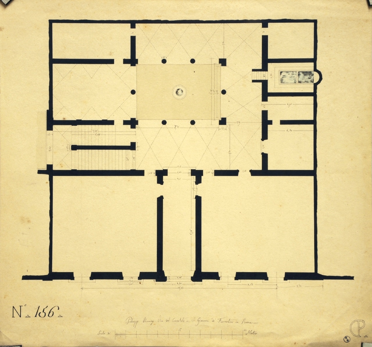 Palazzo Dionigi. Via del Consolato a San Gioanni de' Fiorentini in Roma, Palazzo Dionigi: pianta quotata del piano terreno (disegno architettonico) di Promis Carlo (secondo quarto sec. XIX)