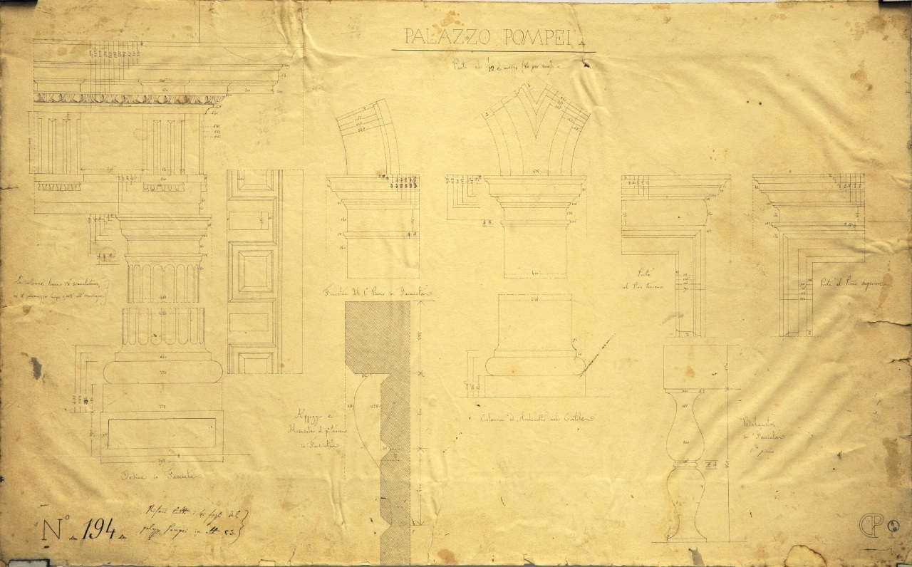PALAZZO POMPEI, Dettagli costruttivi quotati di palazzo Pompei (disegno architettonico) di Promis Carlo (terzo quarto sec. XIX)