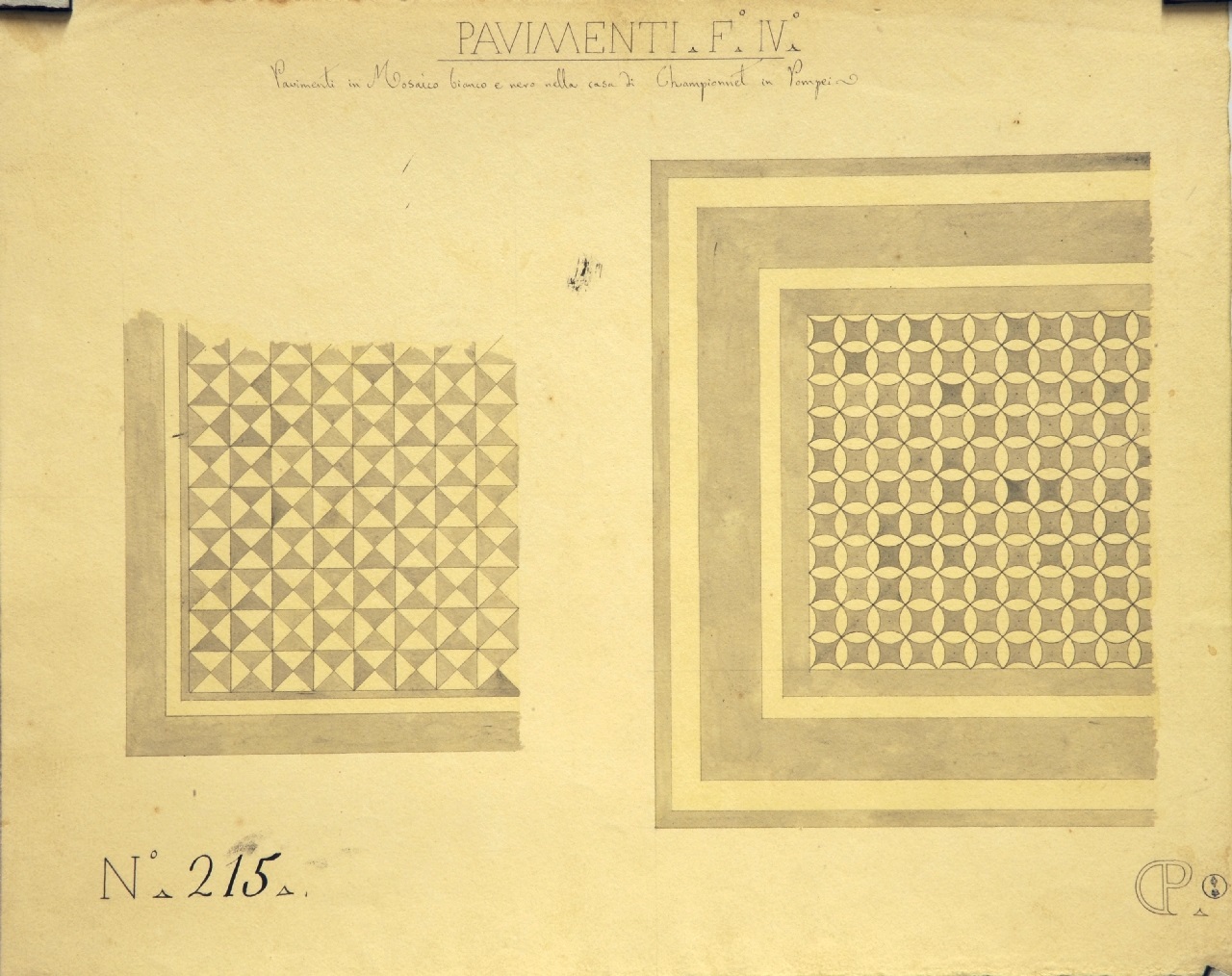 Pavimenti. F°. IV°, Particolari decorativi di casa di Championnet: pianta parziale dei pavimenti (disegno architettonico) di Promis Carlo (secondo quarto sec. XIX)