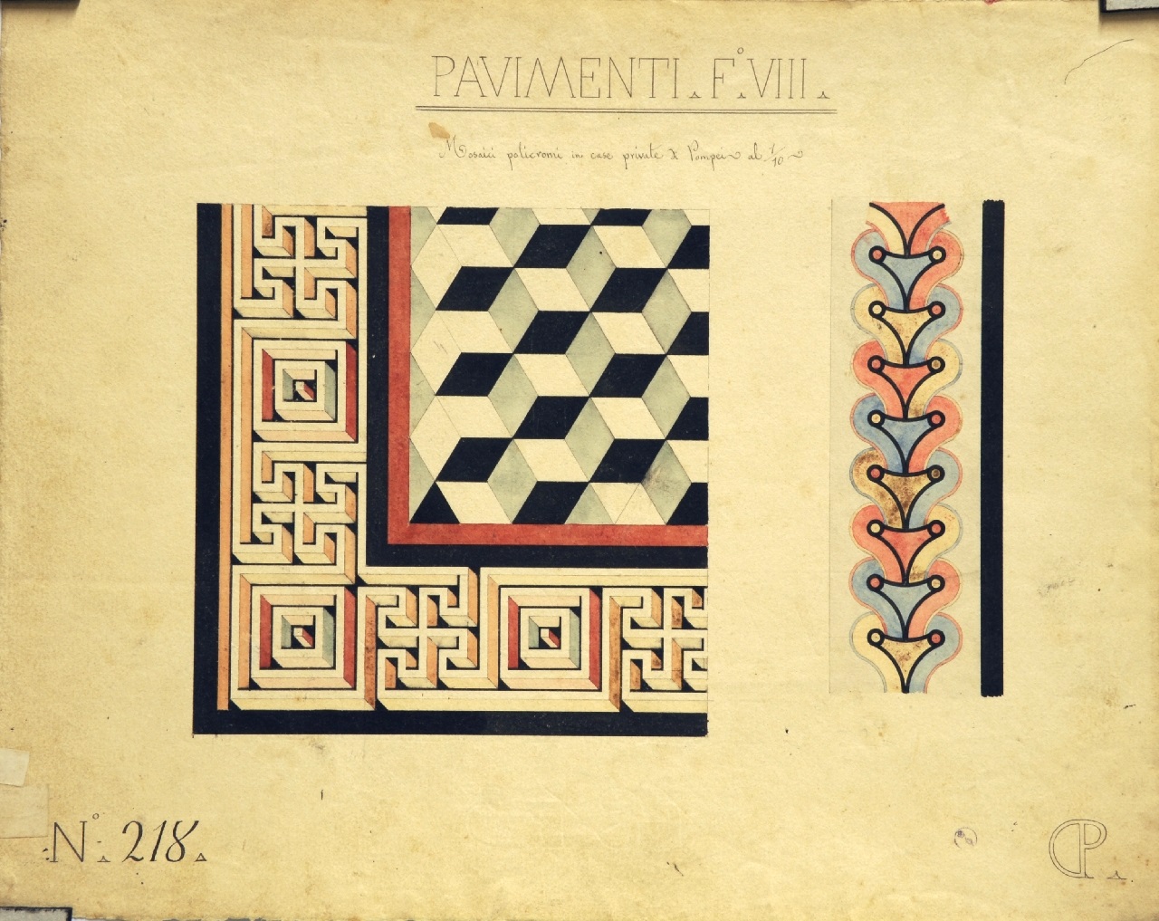 Pavimenti. F°. VIII°, Particolari decorativi di case private: pianta di parte di pavimento in mosaico (disegno architettonico) di Promis Carlo (secondo quarto sec. XIX)