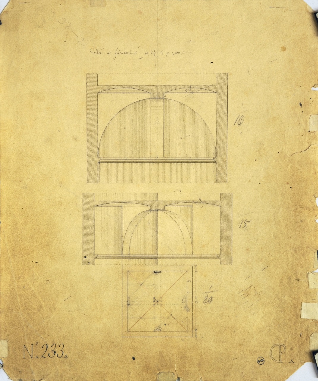 Volta a fascioni, Studio di geometria:pianta quotata di vanoquadrato con volta a fascioni e relative sezioni trasversale e diagonale (disegno architettonico) di Promis Carlo (secondo quarto sec. XIX)