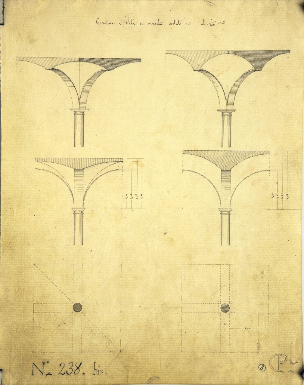 Crociere e Vele su maschi isolati, Studio di geometria: pianta di volta a crociera su colonna isolata e relative sezioni diagonale e trasversale quotata; pianta quotata di volta a vela su colonna isolata e relative sezioni diagonale e trasversale quotata (disegno architettonico) di Promis Carlo (secondo quarto sec. XIX)