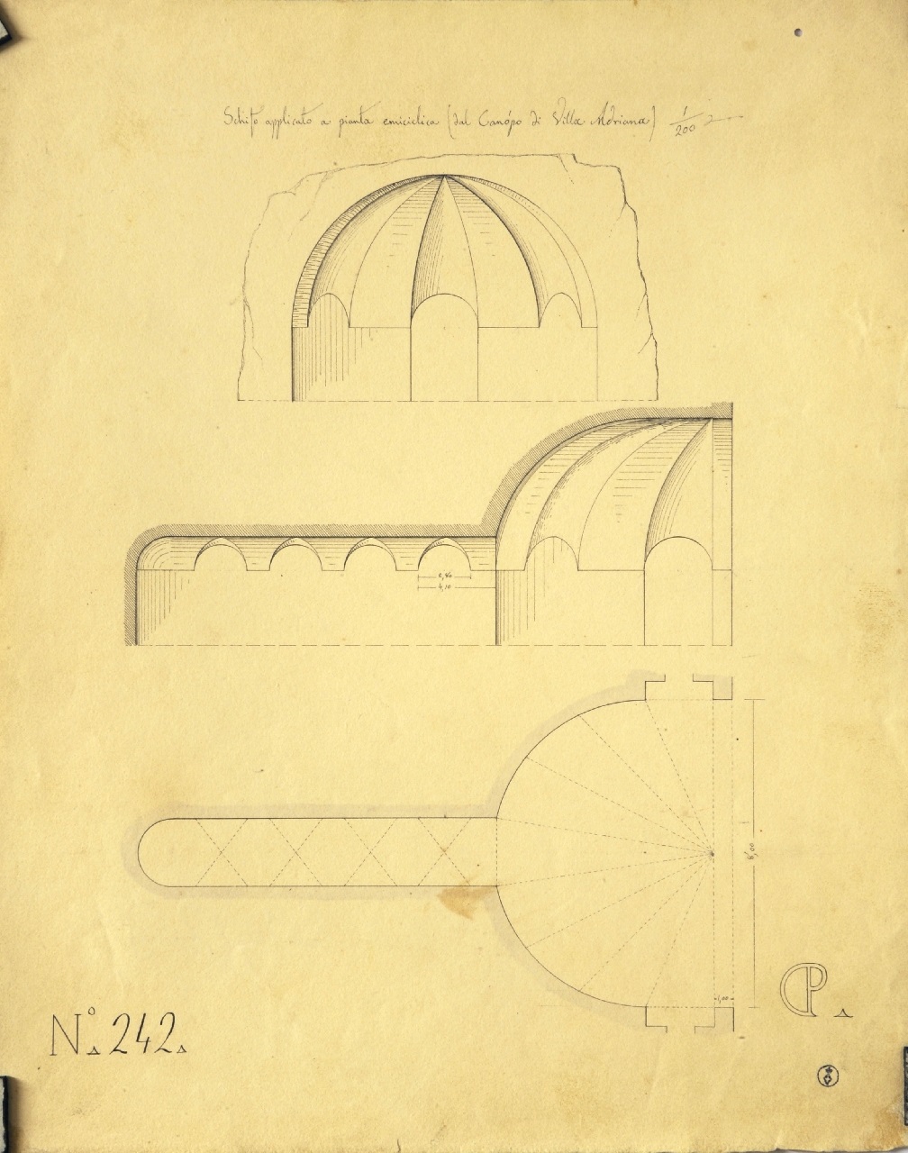 Schifo applicata a pianta emiciclica (dal Canopo di Villa Adriana), Studio di geometria: sezione trasversale e longitudinale parzialmente quotata e pianta del cànopo di villa Adriana (disegno architettonico) di Promis Carlo (secondo quarto sec. XIX)
