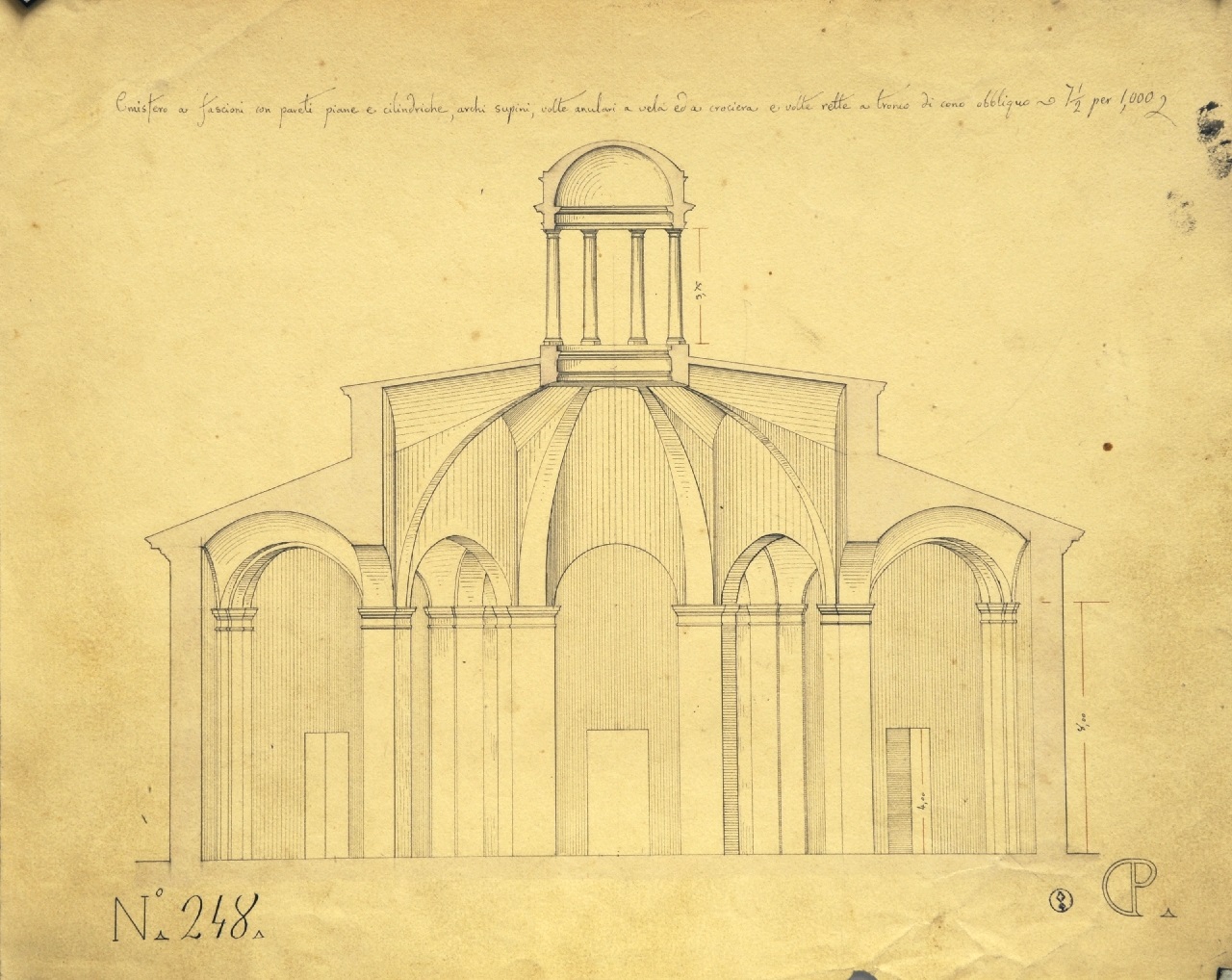 Emisfero a fascioni con pareti piane e cilindriche, archi supini, volte anulari a vela ed a crociera e volte rette a tronco di cono obbliquo, Studio di geometria: sezione parzialmente quotata di vano a forma composita con volta emisferica a fascioni con soluzioni a volte anulari, a vela e a crociera (disegno architettonico) di Promis Carlo (secondo quarto sec. XIX)
