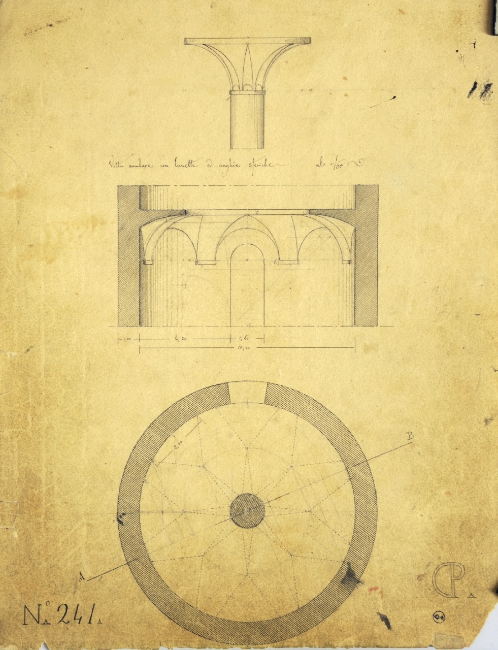 Volta anulare con lunette ed unghie sferiche, Studio di geometria: pianta quotata di vano circolare con volta anulare con lunette e unghie sferiche su colonna isolata e sezione quotata lungo una corda data e prospetto del suo innesto sulla colonna (disegno architettonico) di Promis Carlo (secondo quarto sec. XIX)