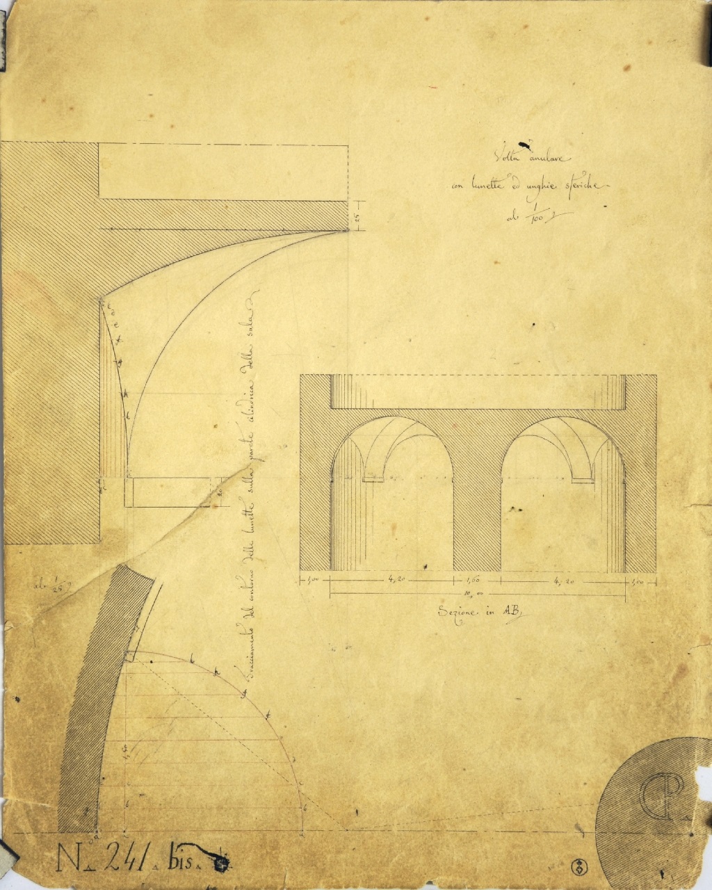 Volta anulare con lunette ed unghie sferiche, Studio di geometria: sezione lungo il diametro di una volta anulare con lunette e unghie sferiche e relativa pianta e proiezione della lunetta sulla parete cilindrica (disegno architettonico) di Promis Carlo (secondo quarto sec. XIX)