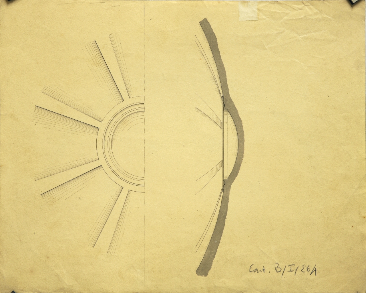 Studio di geometria: volta sferica a spicchi e lunette (disegno architettonico) di Promis Carlo (secondo quarto sec. XIX)