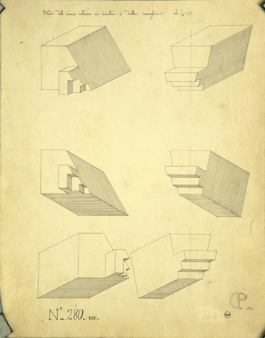 Studio di geometria: vedute assonometriche del cuneo estremo sinistro di un arco (disegno architettonico) di Promis Carlo (terzo quarto sec. XIX)