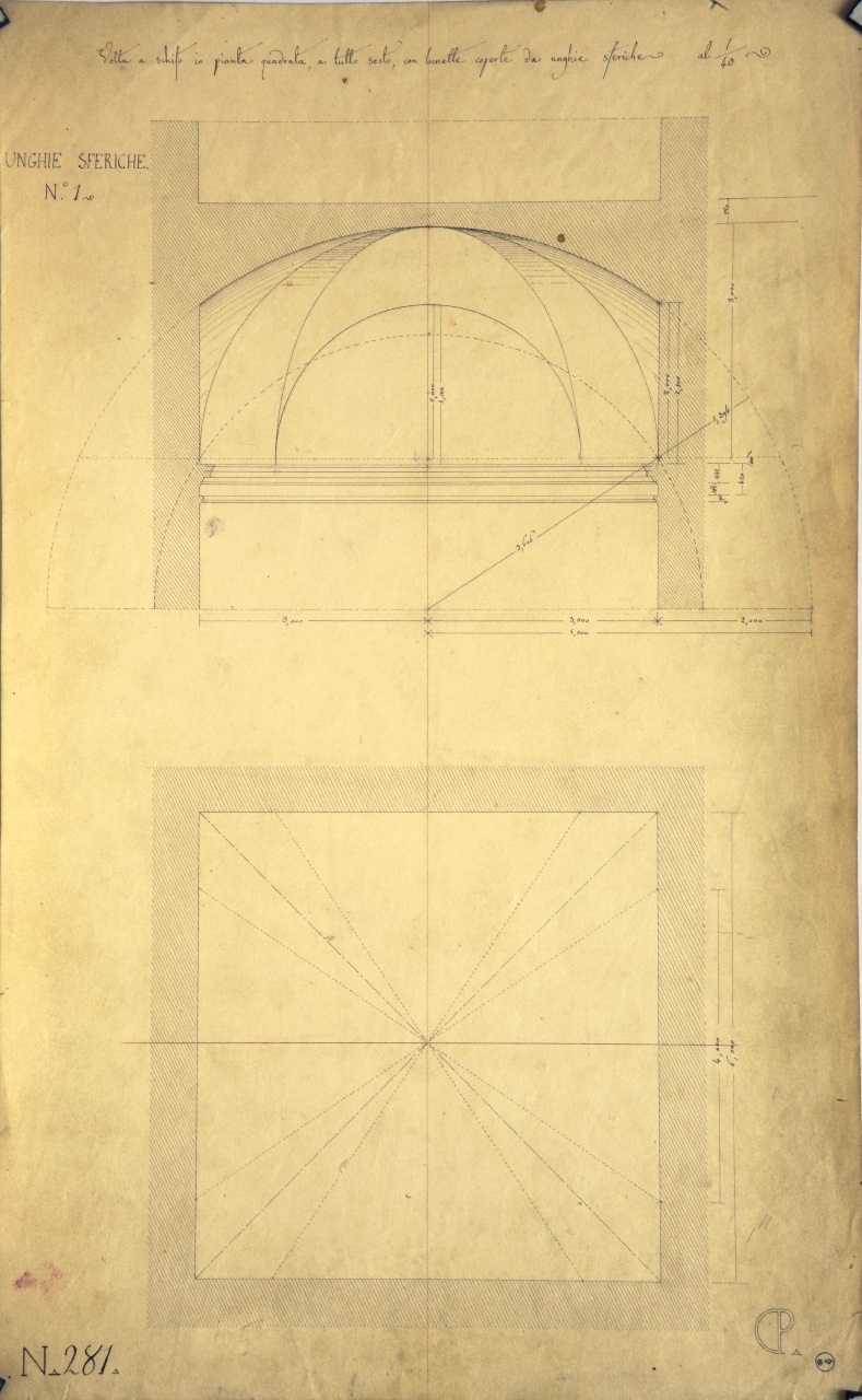 Unghie sferiche N°. I, Studio di geometria: pianta quotata di vano quadrato coperto con volta a padiglione con lunette coperte da unghie sferiche e relativa sezione trasversale quotata (disegno architettonico) di Promis Carlo (secondo quarto sec. XIX)