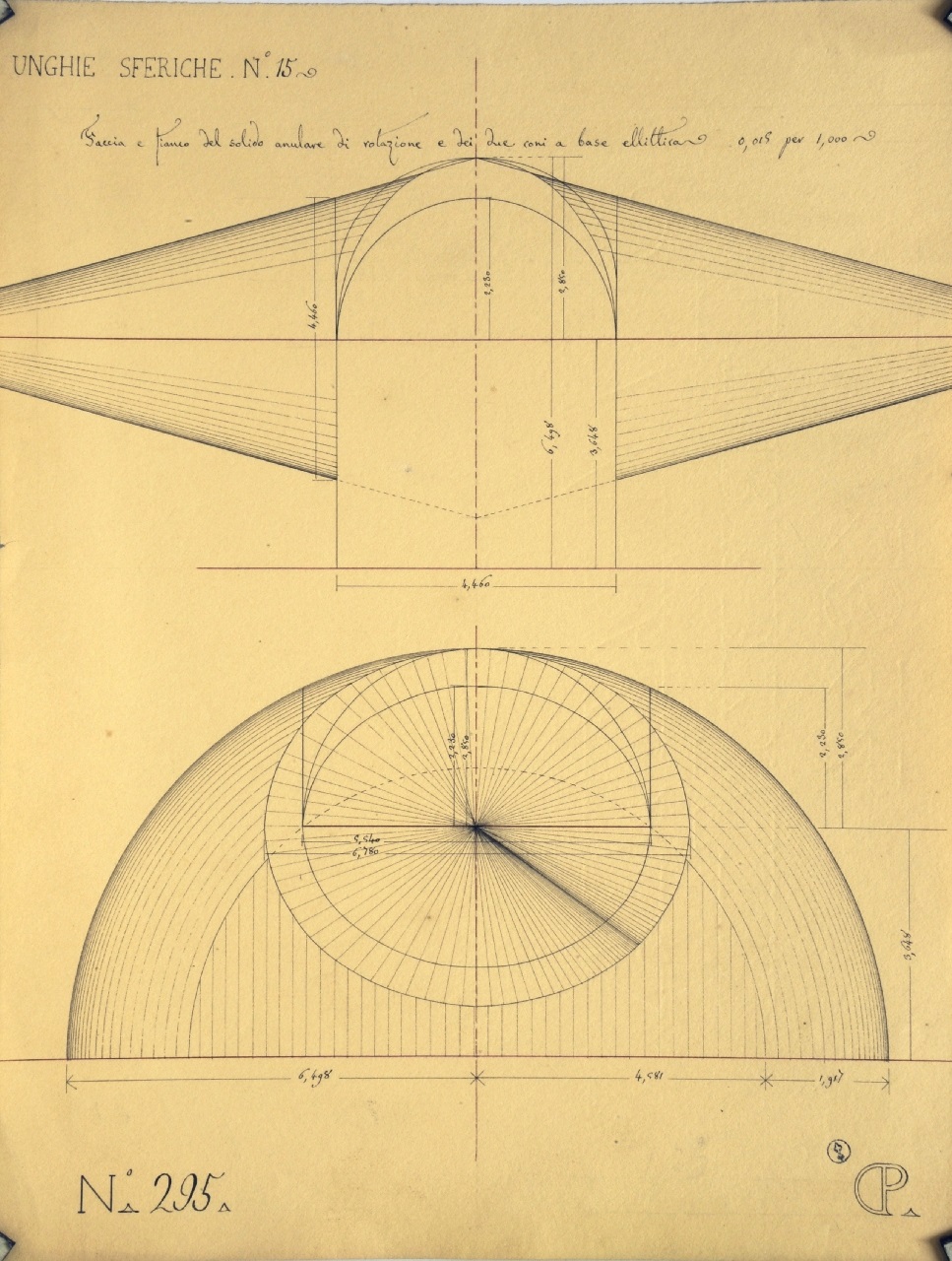 Unghie sferiche N°. 15, Studio di geometria: prospetto e fianco quotati dei solidi generanti una volta a crociera su base rettangolare (disegno architettonico) di Promis Carlo (secondo quarto sec. XIX)