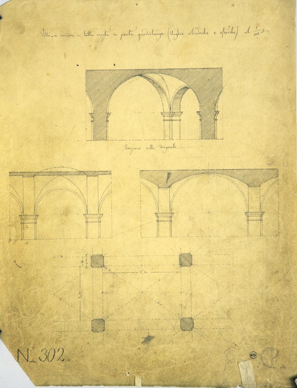 Volta a crociera a tutta monta in pianta quadrilunga (Unghie cilindriche e sferiche), Studio di geometria: pianta quotata di vano rettangolare coperto da volta a crociera che scarica su piedritti e relative sezioni diagonale, longitudinale e trasversale (disegno architettonico) di Promis Carlo (secondo quarto sec. XIX)