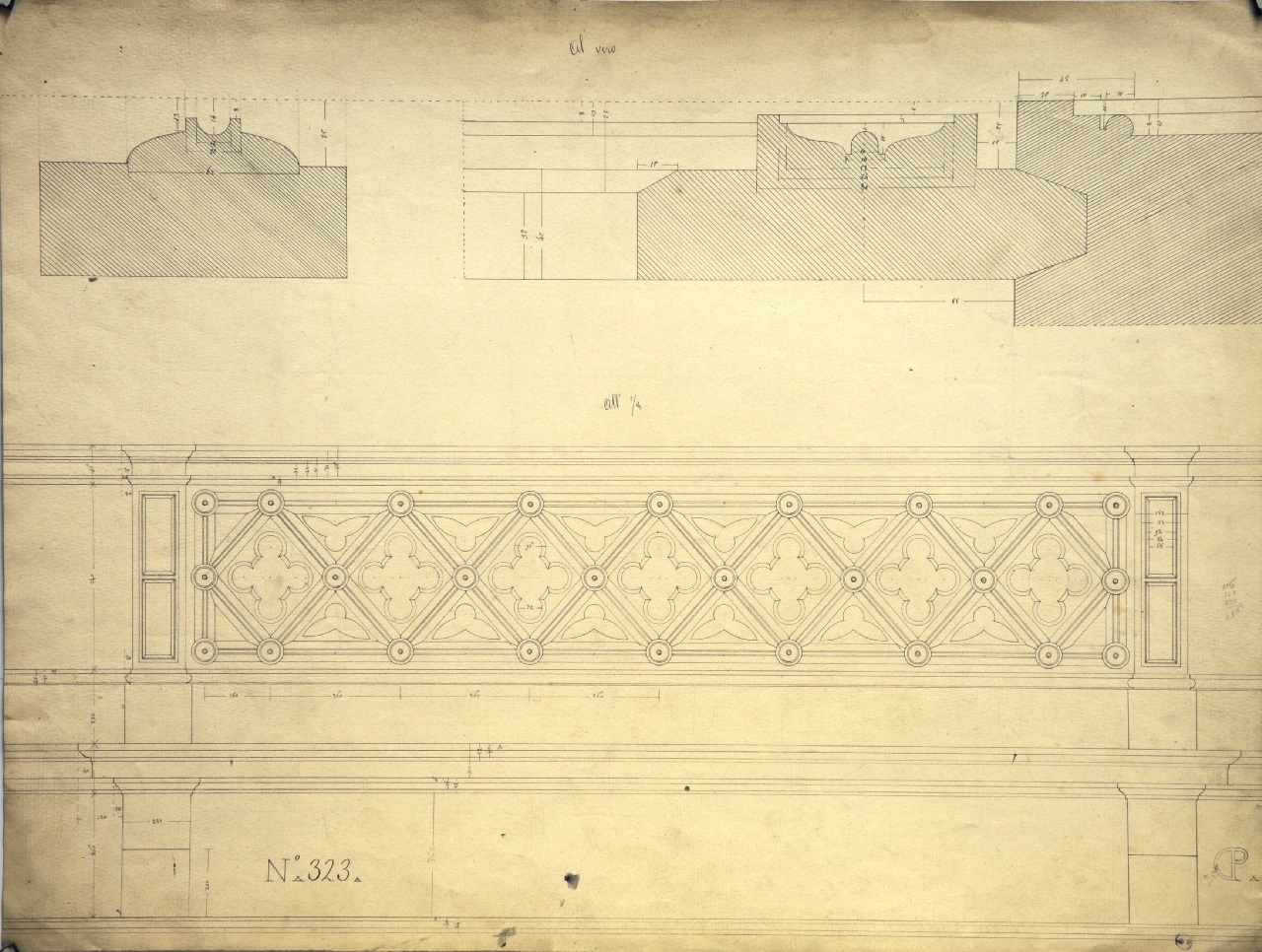 Pluteo: prospetto quotato di balcone e sezione orizzontale quotata di parte del pluteo (disegno architettonico) di Promis Carlo (terzo quarto sec. XIX)