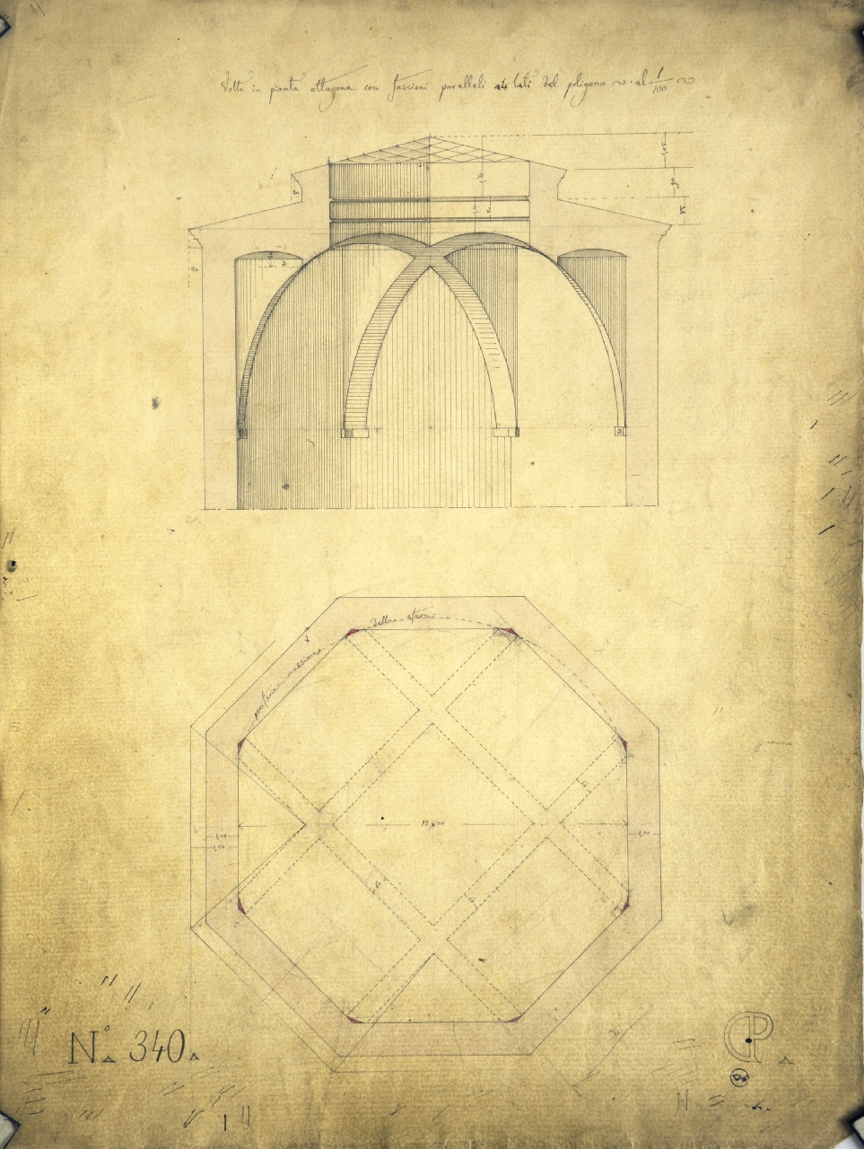 Volta in pianta ottagona con fascioni paralleli a 4 lati del poligono, Studio di geometria: pianta quotata di vano ottagonale coperto con volta a fascioni e relativa sezione trasversale (disegno architettonico) di Promis Carlo (terzo quarto sec. XIX)