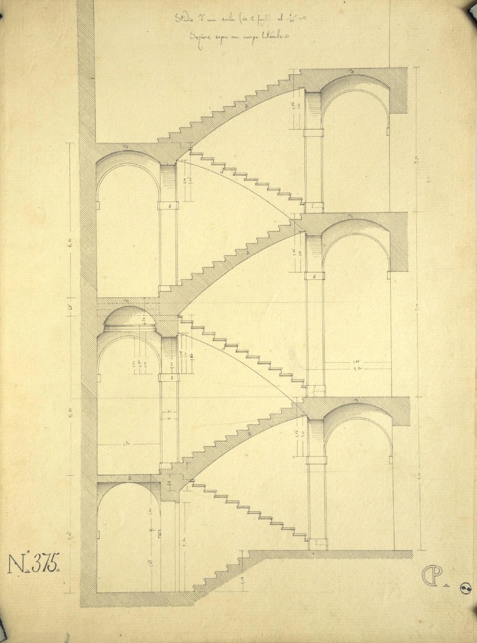 Studio di una scala (in 5 fogli), Studio di geometria: sezione longitudinale quotata della rampa laterale di una scala a tre rampe parallele (disegno architettonico) di Promis Carlo (terzo quarto sec. XIX)