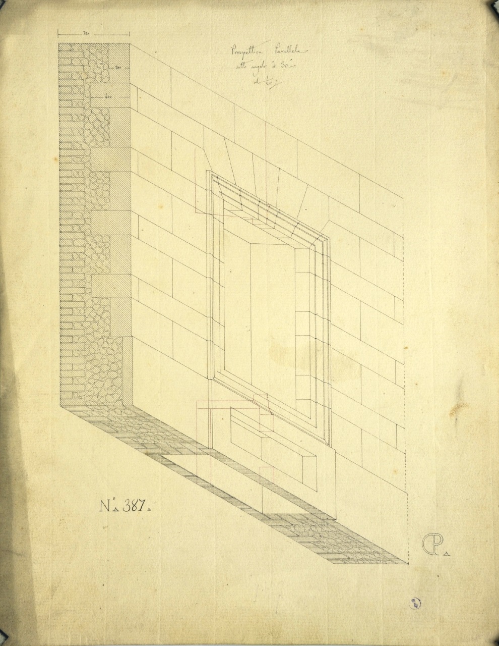 Prospettiva parallela sotto angolo di 30°, Studio di geometria: veduta assonometrica di finestra al piano terreno di un edificio (disegno architettonico) di Promis Carlo (terzo quarto sec. XIX)