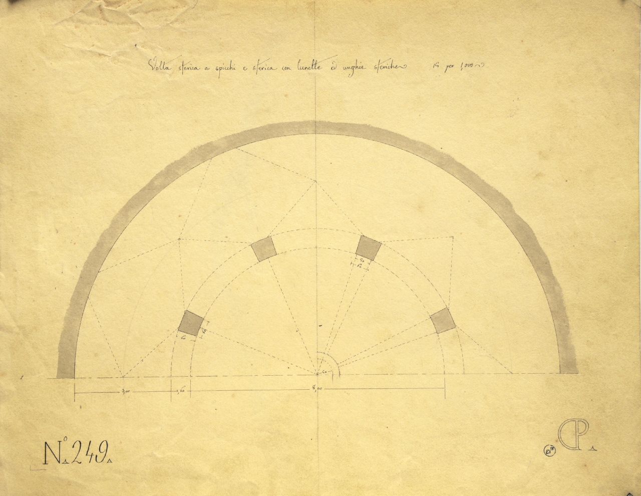 Studio di geometria: volta sferica a spicchi e lunette (disegno architettonico) di Promis Carlo (secondo quarto sec. XIX)