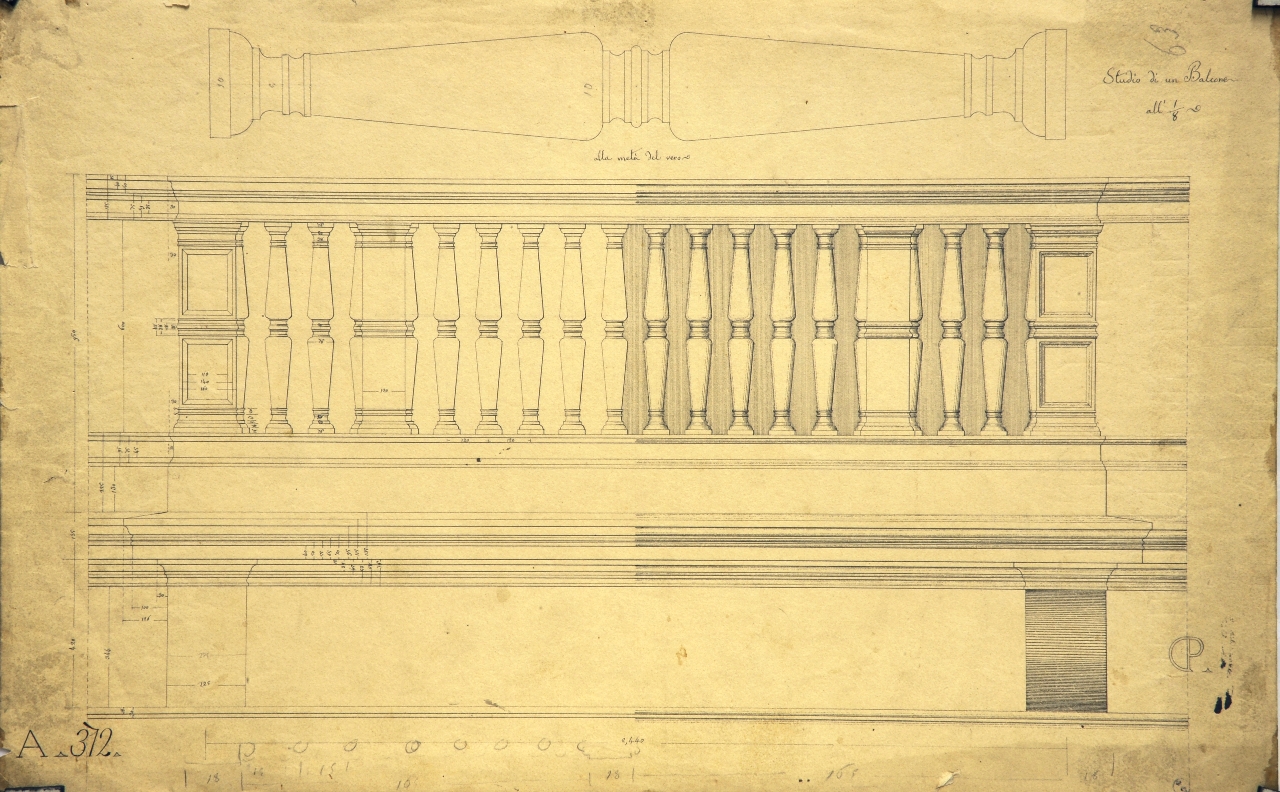 Studio di un balcone, Pluteo: prospetto quotato incompleto di balcone e prospetto di elemento componente il pluteo (disegno architettonico) di Promis Carlo (secondo quarto sec. XIX)