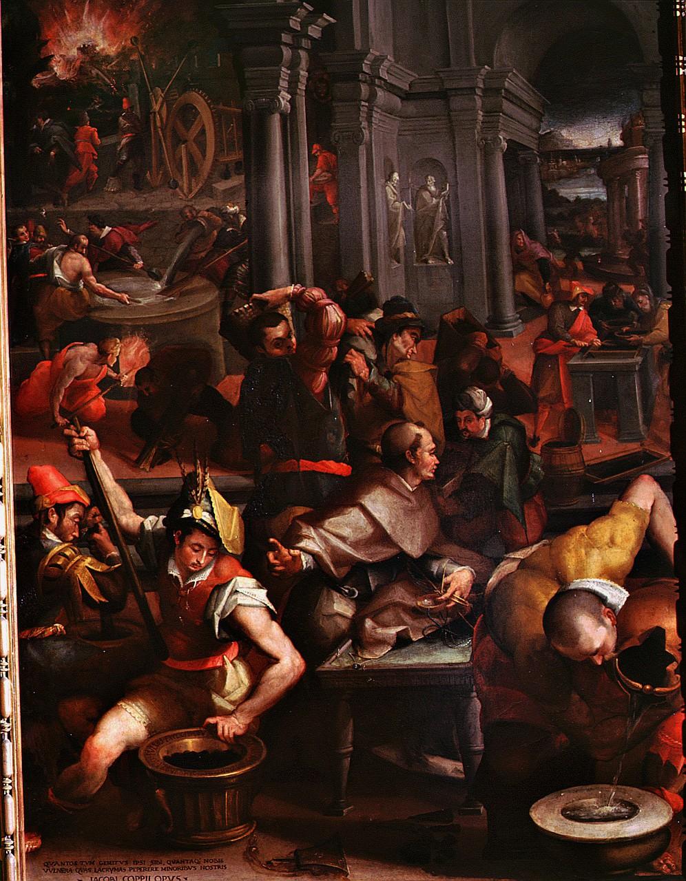 invenzione della polvere pirica (dipinto) di Coppi Jacopo detto Jacopo del Meglio (sec. XVI)