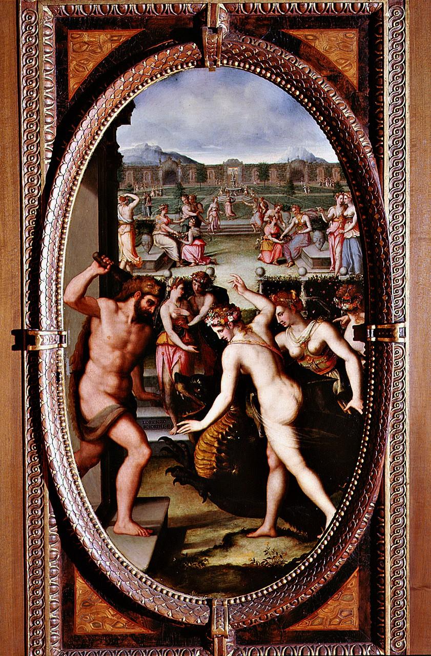 Ercole uccide il drago Ladone (dipinto) di Vaiani Lorenzo detto Lorenzo dello Sciorina (sec. XVI)