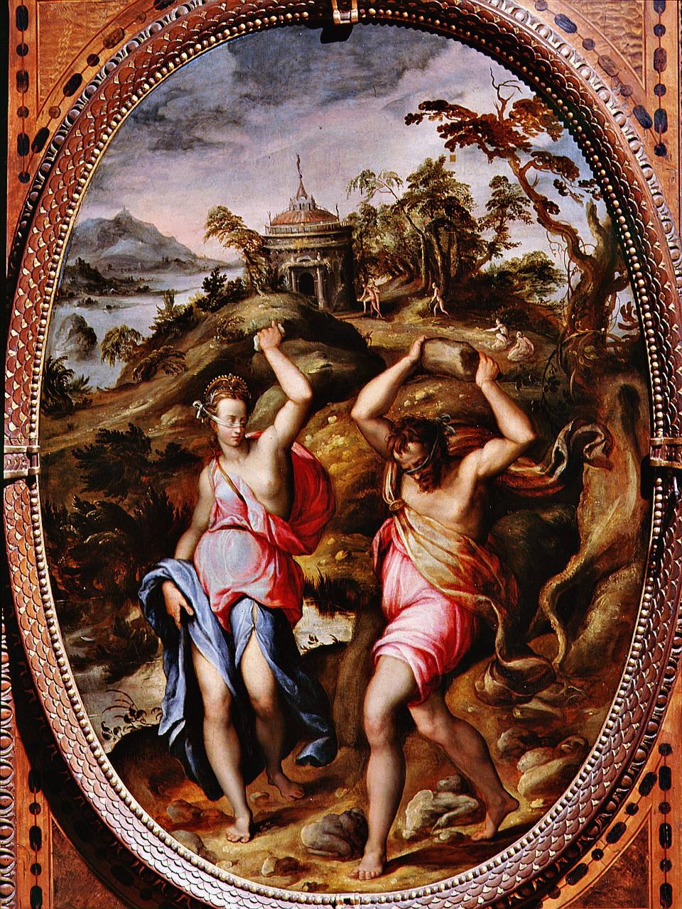 Deucalione e Pirra (dipinto) di Cini Andrea detto Andrea del Minga (sec. XVI)