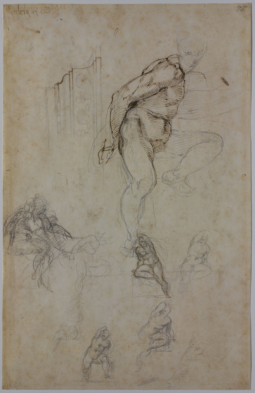 studi di nudi maschilie elementi architettonici (disegno) di Buonarroti Michelangelo (sec. XVI)