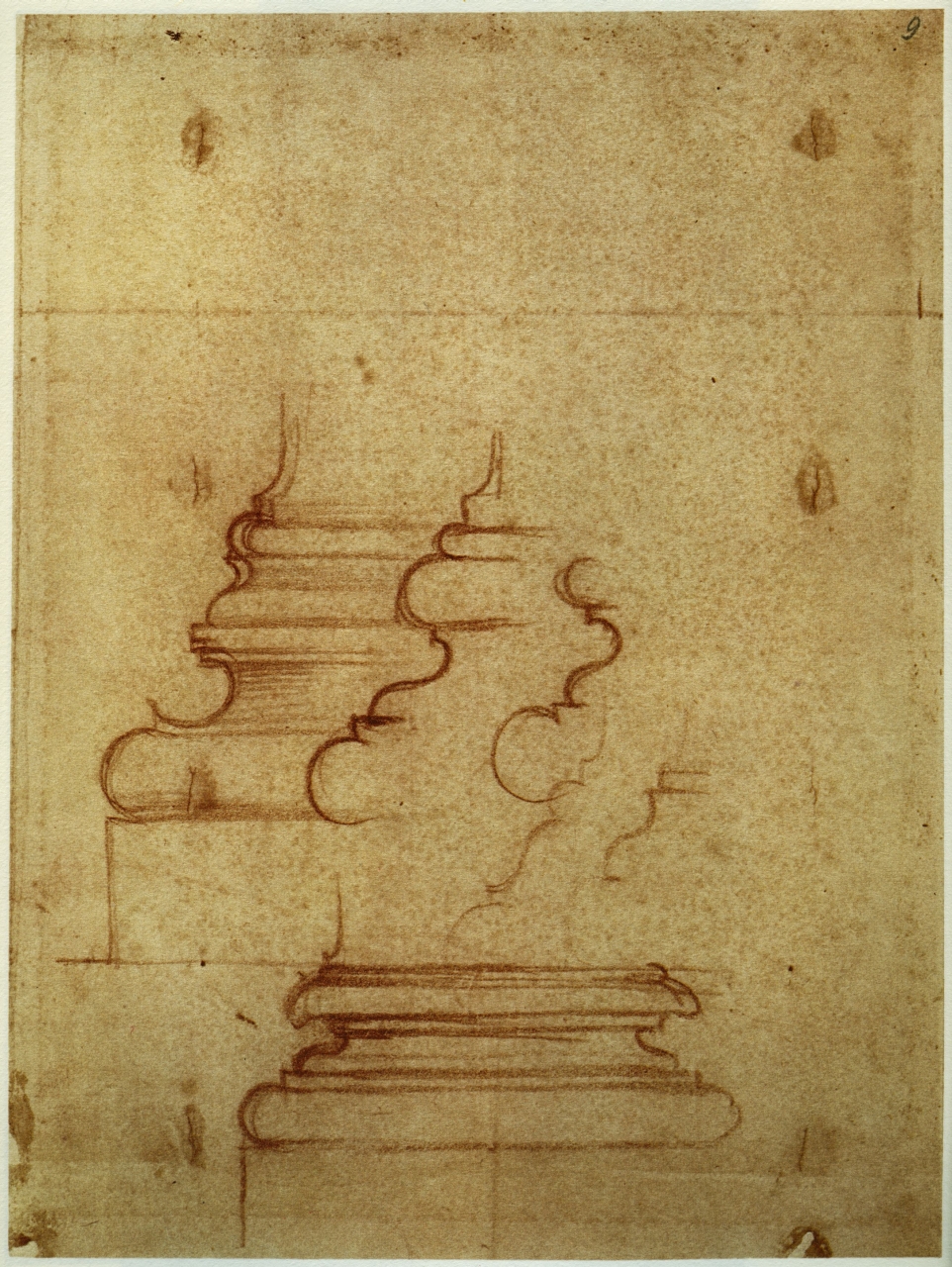 basi di pilastro per la Sagrestia Nuova/ pianta frammentaria del convento di S. Lorenzo (disegno) di Buonarroti Michelangelo (sec. XVI)