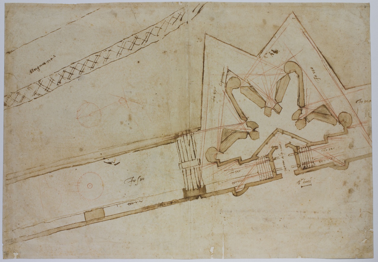 studio di fortificazione per la porta al Prato di Ognissanti a Firenze/ studi di figura (disegno) di Buonarroti Michelangelo (sec. XVI)