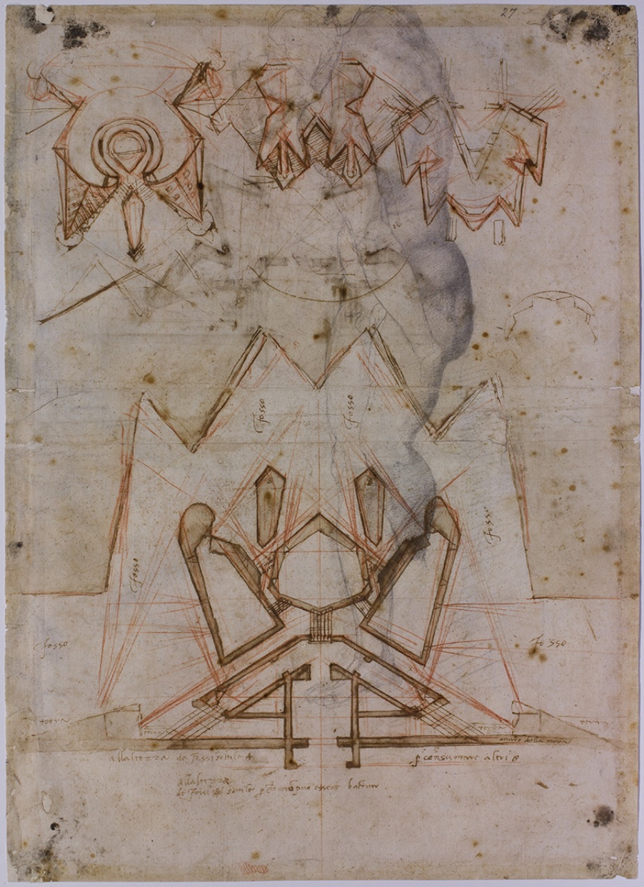 fortificazioni per la Porta al Prato a Firenze e schizzo di figura/ progetti di fortificazioni e studi di figura (disegno) di Buonarroti Michelangelo (sec. XVI)