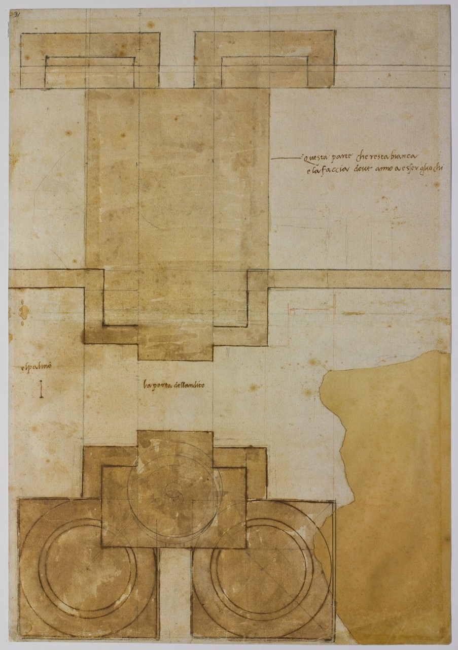pianta di contrafforte e porzione del tamburo di S. Pietro a Roma (disegno) di Buonarroti Michelangelo (sec. XVI)