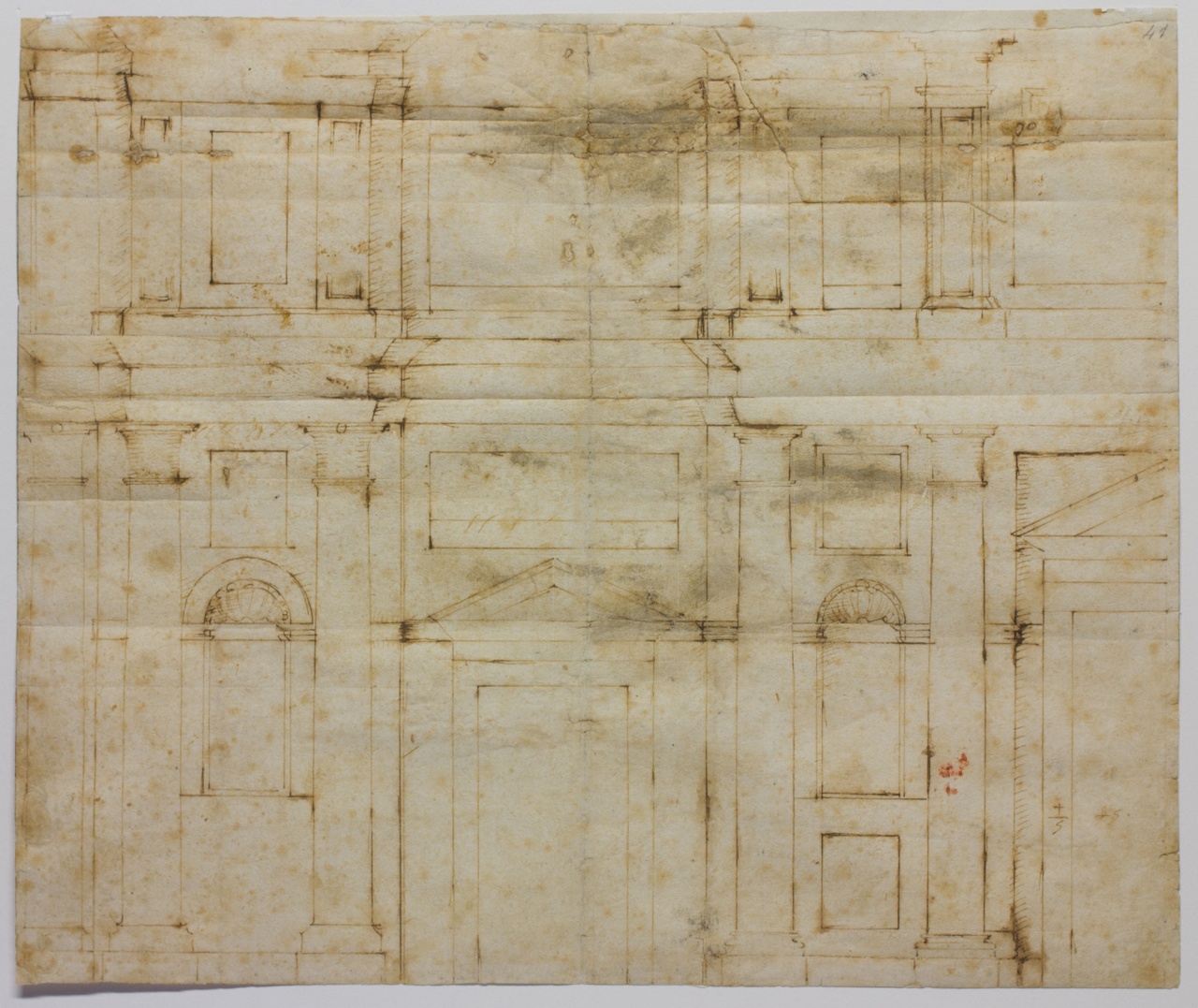 alzato del prospetto sud dell'ordine principale e dell'ammezzato della facciata di S. Lorenzo a Firenze/ progetto di pianta e alzato per la facciata di S. Lorenzo a Firenze (disegno) di Buonarroti Michelangelo (attribuito) (sec. XVI)