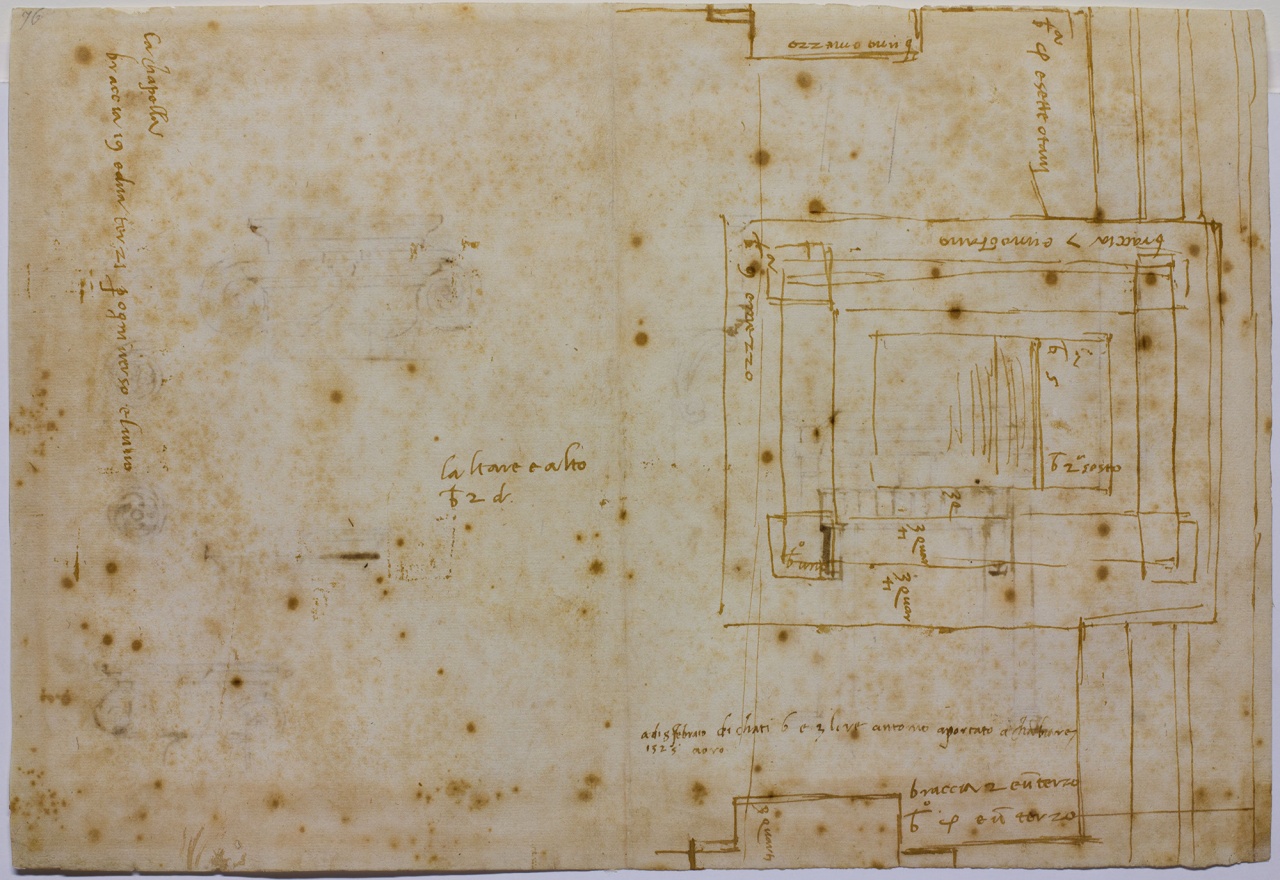 pianta del coro di S. Lorenzo a Firenze/ tre schizzi per l'alzato del pergamo delle reliquie e cinque schizzi di studio di capitelli (disegno) di Buonarroti Michelangelo (sec. XVI)