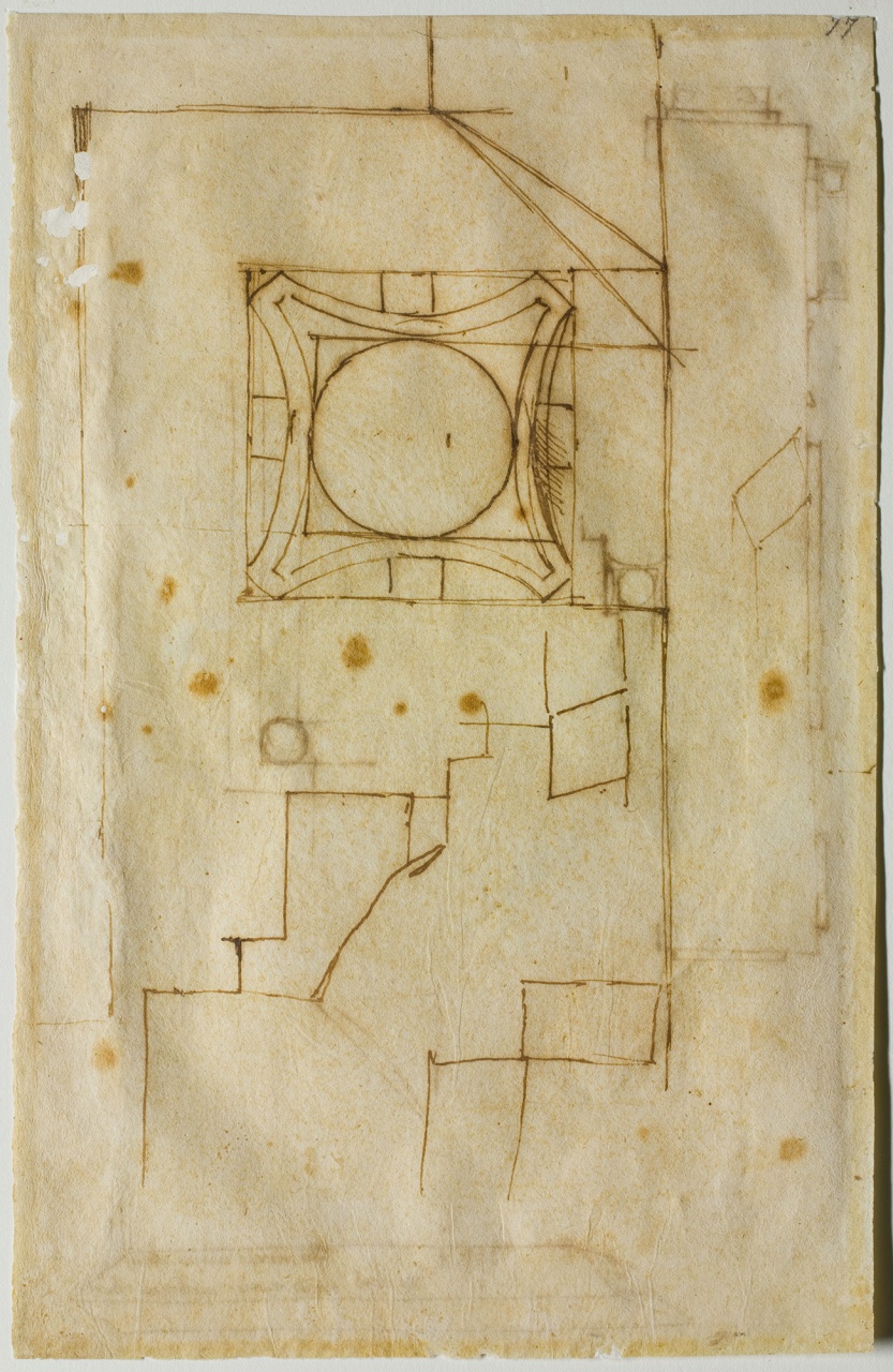 studi per la trabeazione della facciata di S. Lorenzo a Firenze/ pianta della facciata e altri particolari di S. Lorenzo a Firenze (disegno) di Buonarroti Michelangelo (sec. XVI)