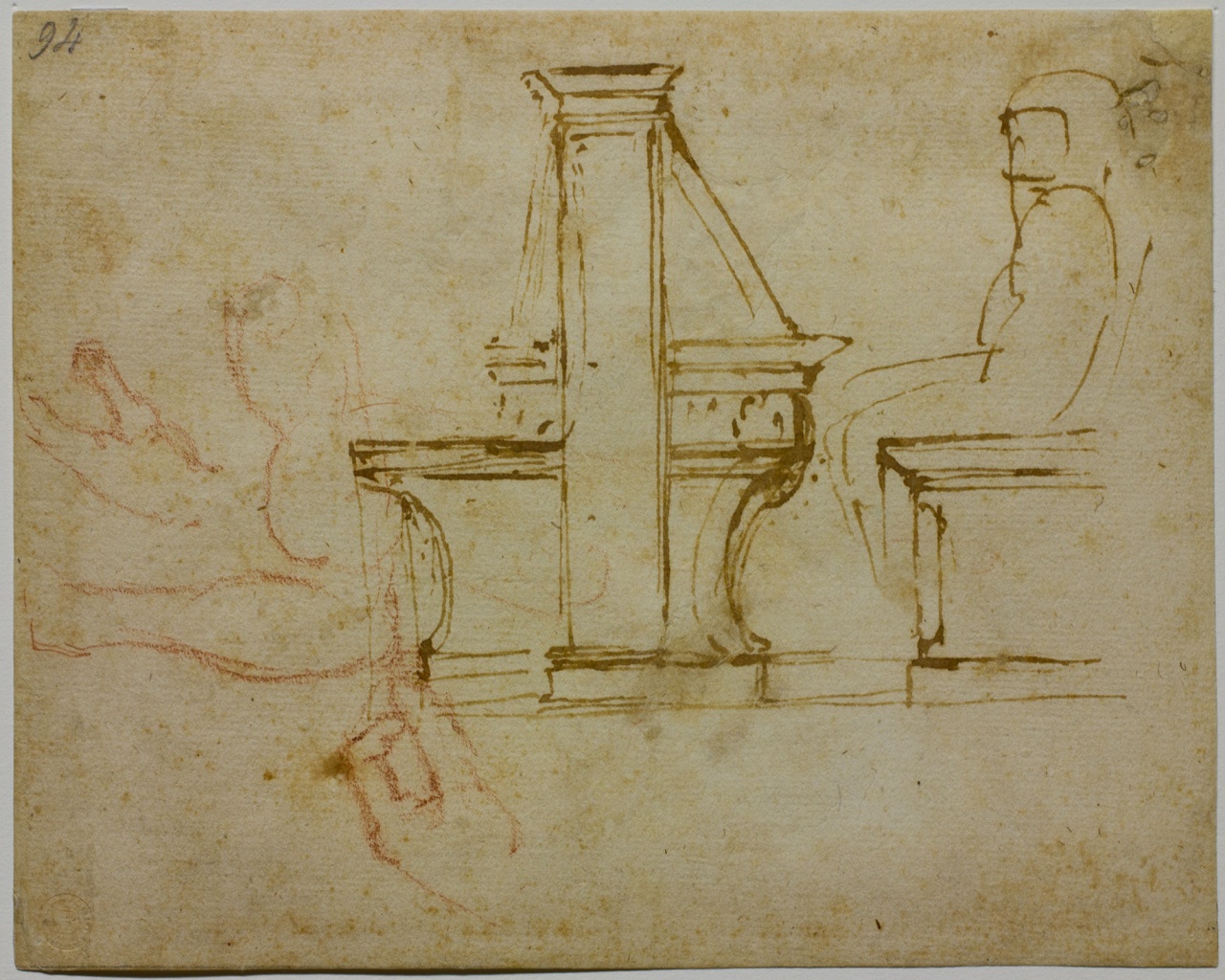 studio di banco con figura seduta per la Biblioteca Laurenziana (disegno) di Buonarroti Michelangelo (sec. XVI)