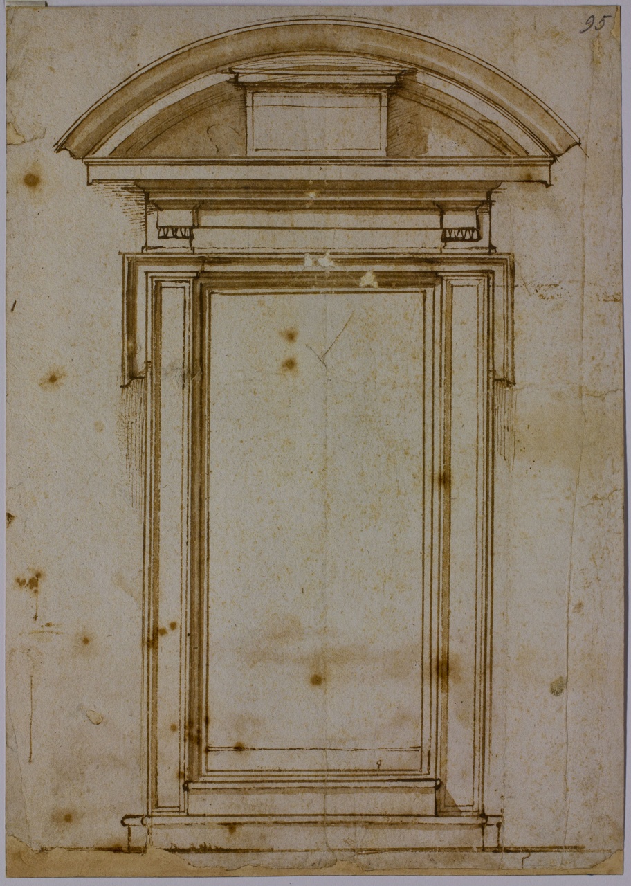 studio per la porta di ingresso dal chiostro al Ricetto della Biblioteca Laurenziana (disegno) di Buonarroti Michelangelo (sec. XVI)