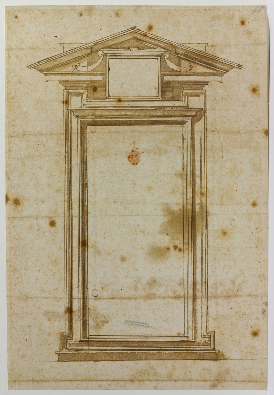 prospetto del portale dal ricetto alla sala di lettura della Biblioteca Laurenziana (disegno) di Buonarroti Michelangelo (sec. XVI)