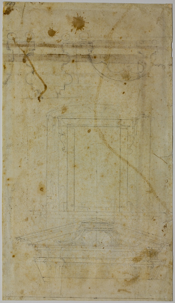 monumento funebre per la Cappella Sforza a Roma e pianta parziale di chiesa / cornice di finestra (disegno) di Buonarroti Michelangelo (sec. XVI)