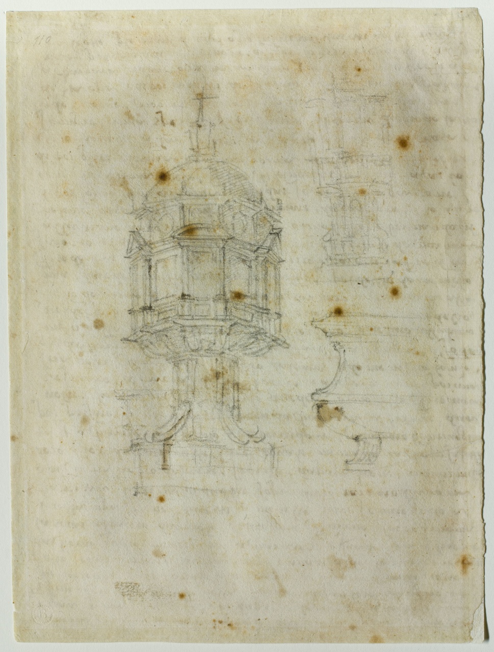 due studi di ciborio e uno di sarcofago (disegno) di Buonarroti Michelangelo (sec. XVI)