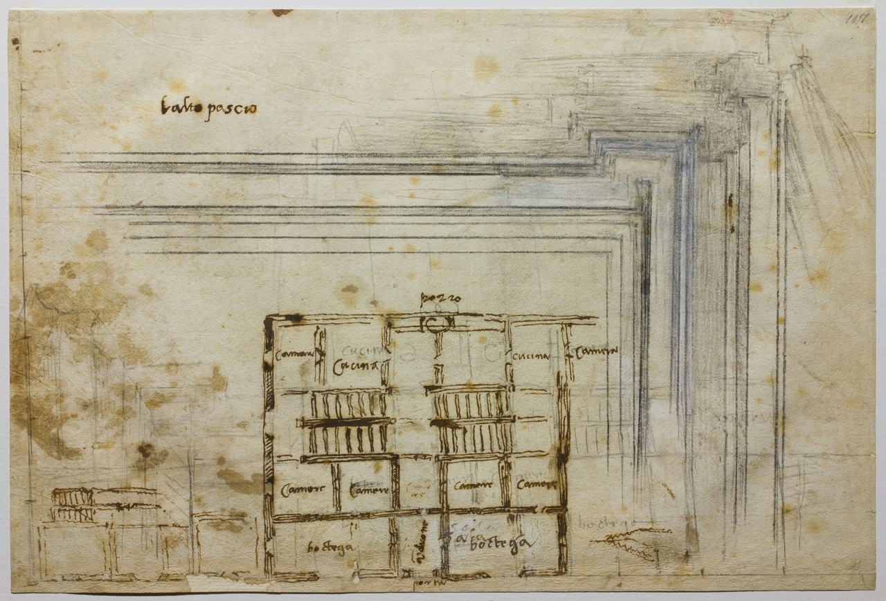 pianta per il palazzo d'Altopascio a Firenze e portale/ studi per la cupola di S. Pietro a Roma (disegno) di Buonarroti Michelangelo (sec. XVI)