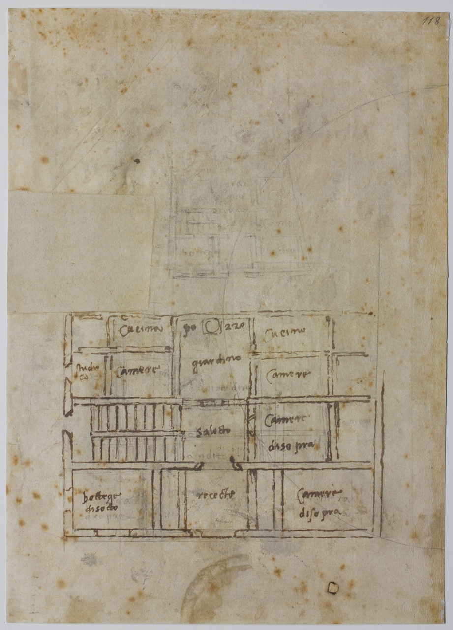pianta di abitazione/ progetti per la lanterna di S. Pietro a Roma e studi architettonici (disegno) di Buonarroti Michelangelo (sec. XVI)